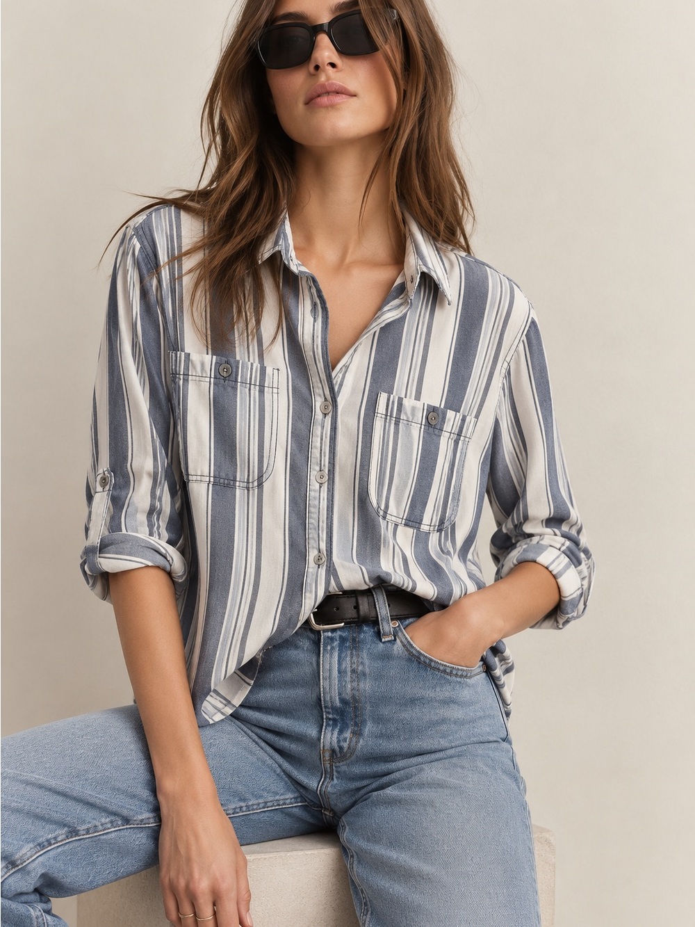 Sanctuary Blue White Striped Button Down Shirt Roll Tab Sleeve Medium